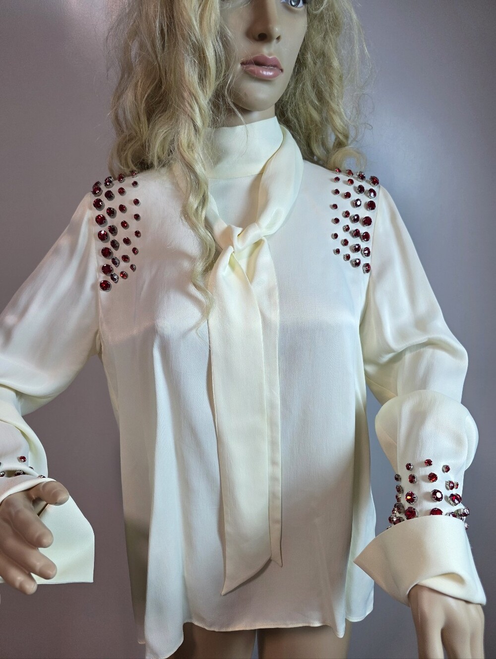 ZARA Cream Satin Rhinestone Embellished Tie-Neck Blouse (Size M)